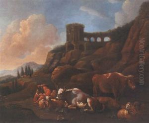 Italiensk Landskab Med Hyrde, Koer, Far Og Hund Italiensk Landskab Med Hyrde, Koer, Far Og Hund