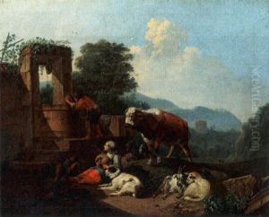 Shepherds And Their Herd Resting And Watering By A Fountain by Johann Heinrich Roos