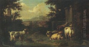 Sheep And Goats Resting By A Pool In A Classical Landscape by Johann Heinrich Roos