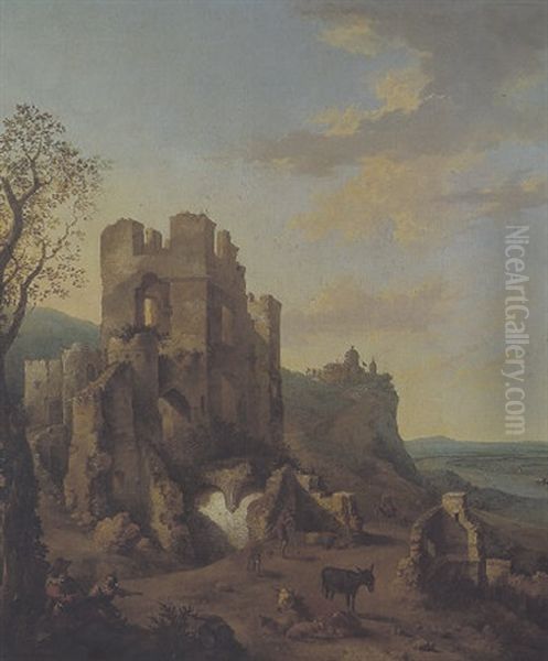 Gebirgige Sudliche Flusslandschaft Mit Ruinen Und Hirten - view 1