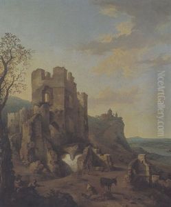 Gebirgige Sudliche Flusslandschaft Mit Ruinen Und Hirten by Johann Heinrich Roos