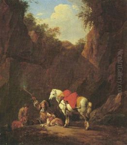 A Huntsman Firing A Pistol In A Rocky Landscape, Along With His Horse, Hounds And Attendant by Johann Heinrich Roos