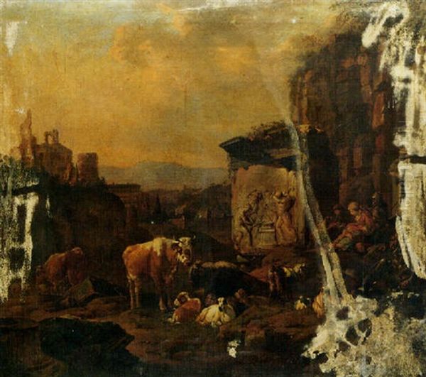A Landscape With Drovers And Their Animals Resting Among Classical Ruins - view 1