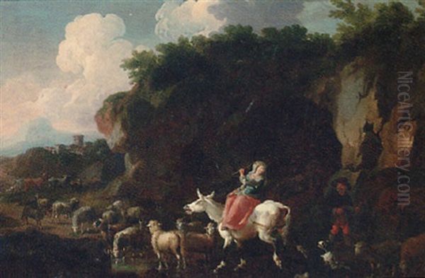 A Shepherdess With Her Flock Fording A Stream - view 1