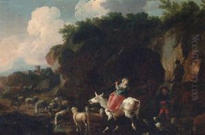 A Shepherdess With Her Flock Fording A Stream