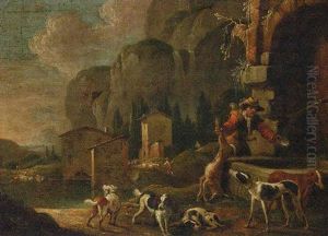 A Sportsman At A Fountain In An Italianate Landscape by Johann Heinrich Roos