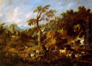 Paesaggio Fluviale Con Rovine E Viandanti by Johann Heinrich Roos