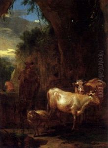 Hirt Mit Kuhen Und Einem Schaf In Einer Gebirgigen Landschaft by Johann Heinrich Roos