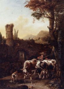 An Italianate River Landscape With A Herdsman, A Ruined Building Beyond thumbnail
