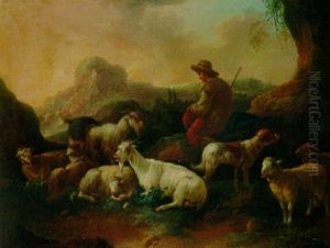 A Shepherd With His Flock In Mountainous Landscape by Johann Heinrich Roos