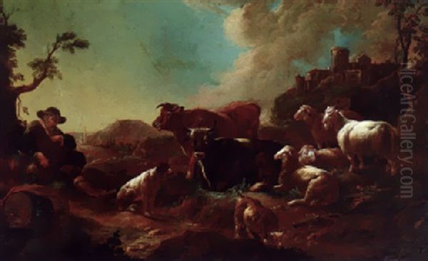 A Herdsman With Cattle And Sheep In An Italianate Landscape - view 1