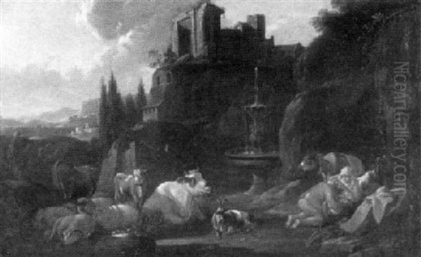 Vor Einem Romischen Brunnen Lagern Hirten Mit Ihren Tieren - view 1