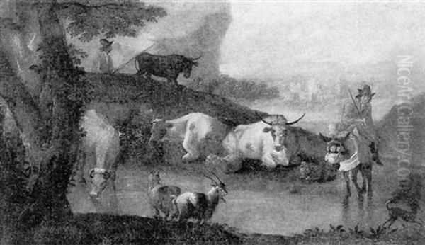 An Italianate River Landscape With Cowherds Watering Their Livestock - view 1