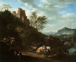 A Southern River Landscape With Children, Cattle, Sheep And Goats