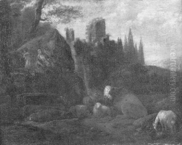 Hirten Mit Ihren Schafen In Weiter Campagna-landschaft - view 1