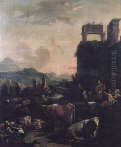 An Evening Italianate Landscape With A Shepherd And His Family Amid Livestock Beside Roman Ruins by Johann Heinrich Roos