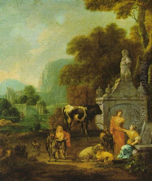 Pastorale Szene Mit Hirtinnen Und Herde Vor Einem Steinernen Monument In Einer Lichtdurchfluteten Sudlichen Landschaft - view 1