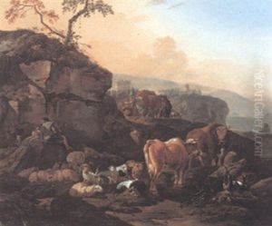 Italianate Landscape With A Young Shepherd Resting With Aninals, A Town Beyond