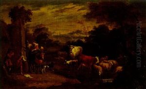 Travellers And Peasants Conversing On A Track With Cattle Watering At A Stream Nearby