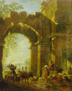 A Drover With Cattle And Other Figures Amongst Ruins, An Italianate Landscape Beyond
