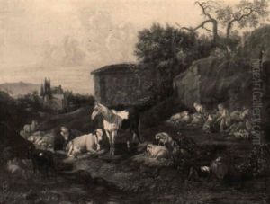 A Horse, Cattle And Sheep Near A Classical Tomb With A Shepherd Nearby A Horse, Cattle And Sheep Near A Classical Tomb With A Shepherd Nearby