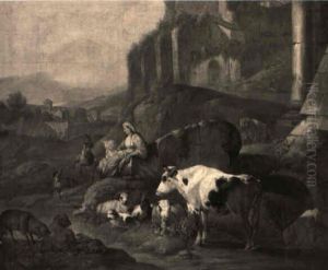 Cows, Sheep And A Goat With A Shepherdess And Her Child In Classical Ruins Cows, Sheep And A Goat With A Shepherdess And Her Child In Classical Ruins