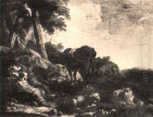 A Drover Sleeping Beneath A Braying Ass, His Companion Watching The Flock by Johann Heinrich Roos