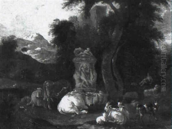 Mountainous Classical Landscape With Cows And Sheep - view 1