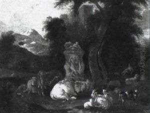 Mountainous Classical Landscape With Cows And Sheep by Johann Heinrich Roos