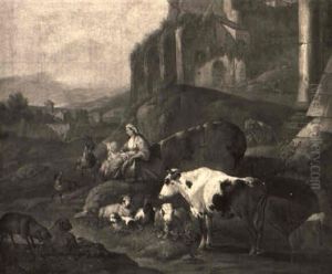 A Horse, Cattle And Sheep Near A Classical Tomb In A Meadow With A Shepherd by Johann Heinrich Roos