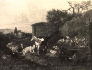 Cows, Sheep And A Goat With A Shepherdess And Her Child By Classical Ruins by Johann Heinrich Roos
