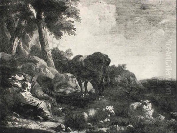 A Drover Catnapping Beside A Braying Ass, His Companion Watching - view 1