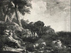 A Drover Catnapping Beside A Braying Ass, His Companion Watching by Johann Heinrich Roos