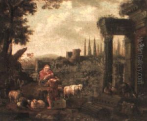 Landscapes With Herders And Their Cattle And Sheep, Resting Among Ruins by Johann Heinrich Roos