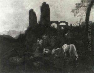 Peasant Family In A Landscape With Cattle, Ruins Beyond by Johann Heinrich Roos