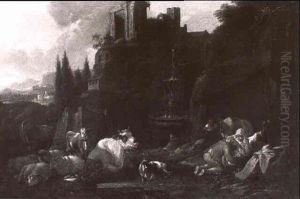 Italienische Landschaft Mit Weidenden Kuhen, Schafen Und Ziegen Vorn Italienische Landschaft Mit Weidenden Kuhen, Schafen Und Ziegen Vorn