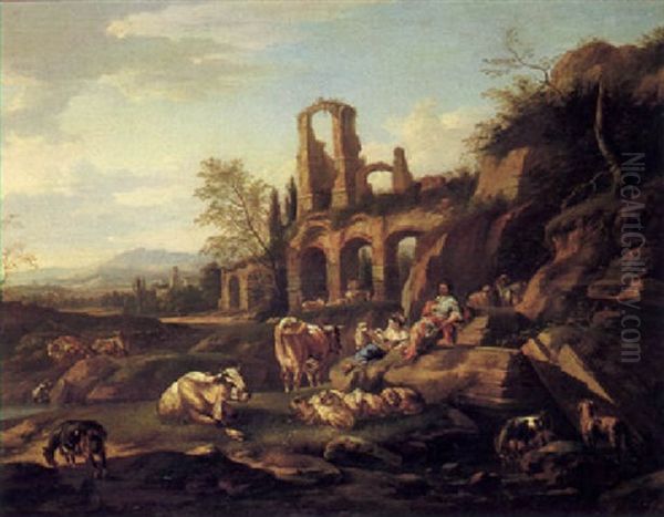 Italianate Landscape With Drovers And Their Animals Resting Beside Ruins - view 1