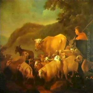 A Herdsman With A Donkey Sheep And An Ox In A Hilly         Landscape