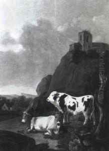 Gebirgige Landschaft Mit Drei Rindern Und Einer Kirchenruine by Johann Heinrich Roos