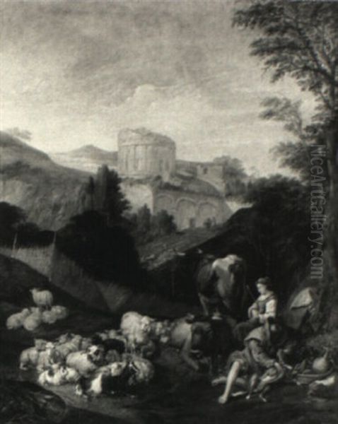 Extensive Landscape With Shepherds And Their Flock - view 1