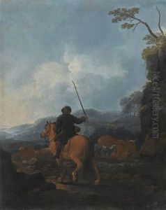 A Shepherd Riding A Horse And Leading His Flock In A Landscape