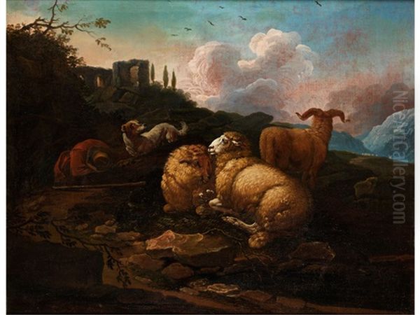 Sudliche Landschaft Mit Schafherde Und Schlafenden Hirten - view 1