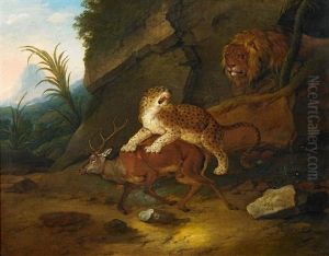 Leopard Und Lowe Mit Erlegtem Hirschen In Orientalischer Landschaft