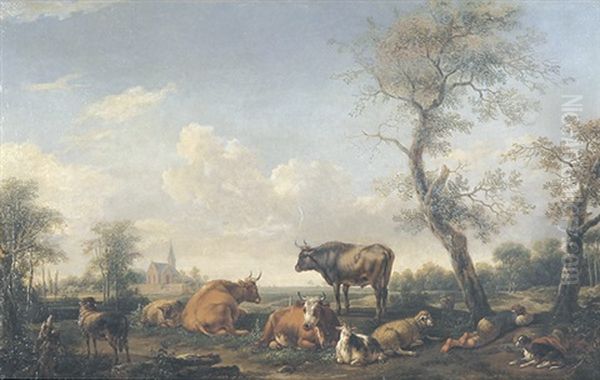 Weite Landschaft Mir Rastender Kuhherde, Ziegen Und Schlafendem Hirten - view 1