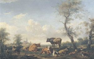 Weite Landschaft Mir Rastender Kuhherde, Ziegen Und Schlafendem Hirten by Johann Melchior Roos