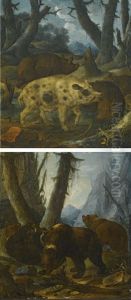Wild Boars In A Wooded Landscape; And Bears In A Wooded Landscape by Johann Melchior Roos