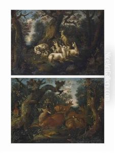 A Wooded Landscape With White Deer; And A Wooded Landscape With A Stag And Deer by Johann Melchior Roos