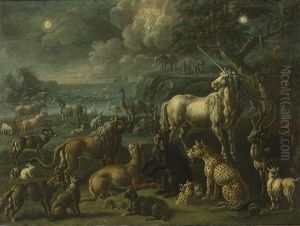 A Fantastical Landscape With A Unicorn, Jaguars, A Bear, Deer, And Other Animals by Johann Melchior Roos