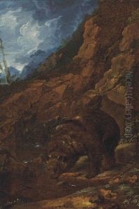 A Wooded Rocky Landscape With A Bear At A Watering Hole