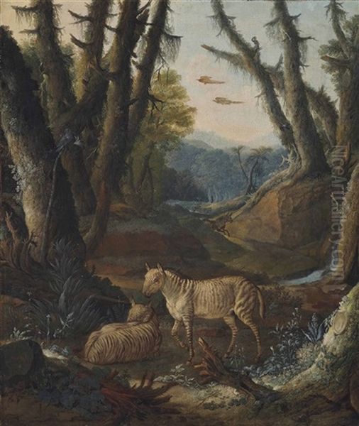 A Wooded Landscape With Zebras - view 1
